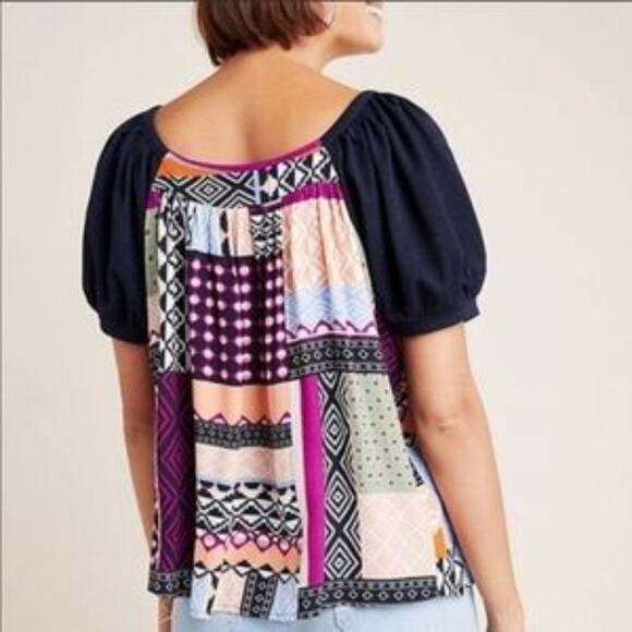 Anthro Maeve Catiana Patchwork Puff-Sleeve Blouse - Picture 3 of 8